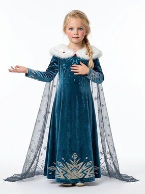 Girls Elsa Frozen Princess Costume Dress Blue Velvet Fur Collar Snowflake Cape B